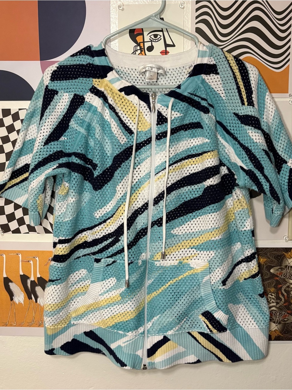 Christopher & Banks Abstract Open-Knit Zip Hoodie Cardigan Size XL